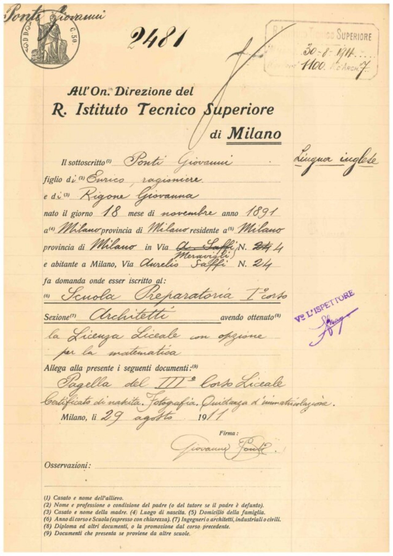 Domanda di ammissione del 1911 di Giovanni Ponti per la sezione di Architettura del Regio Istituto Tecnico Superiore di Milano