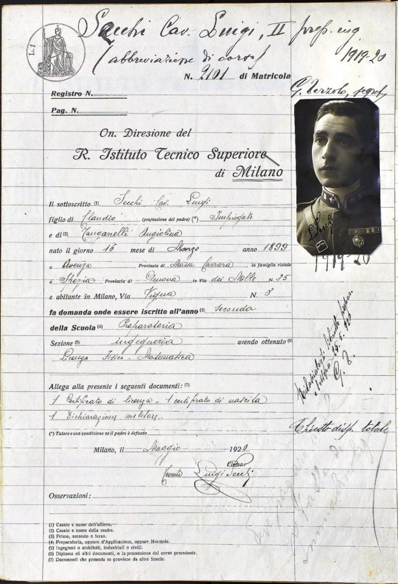La domanda di iscrizione di Secchi al Regio Istituto Tecnico Superiore di Milano