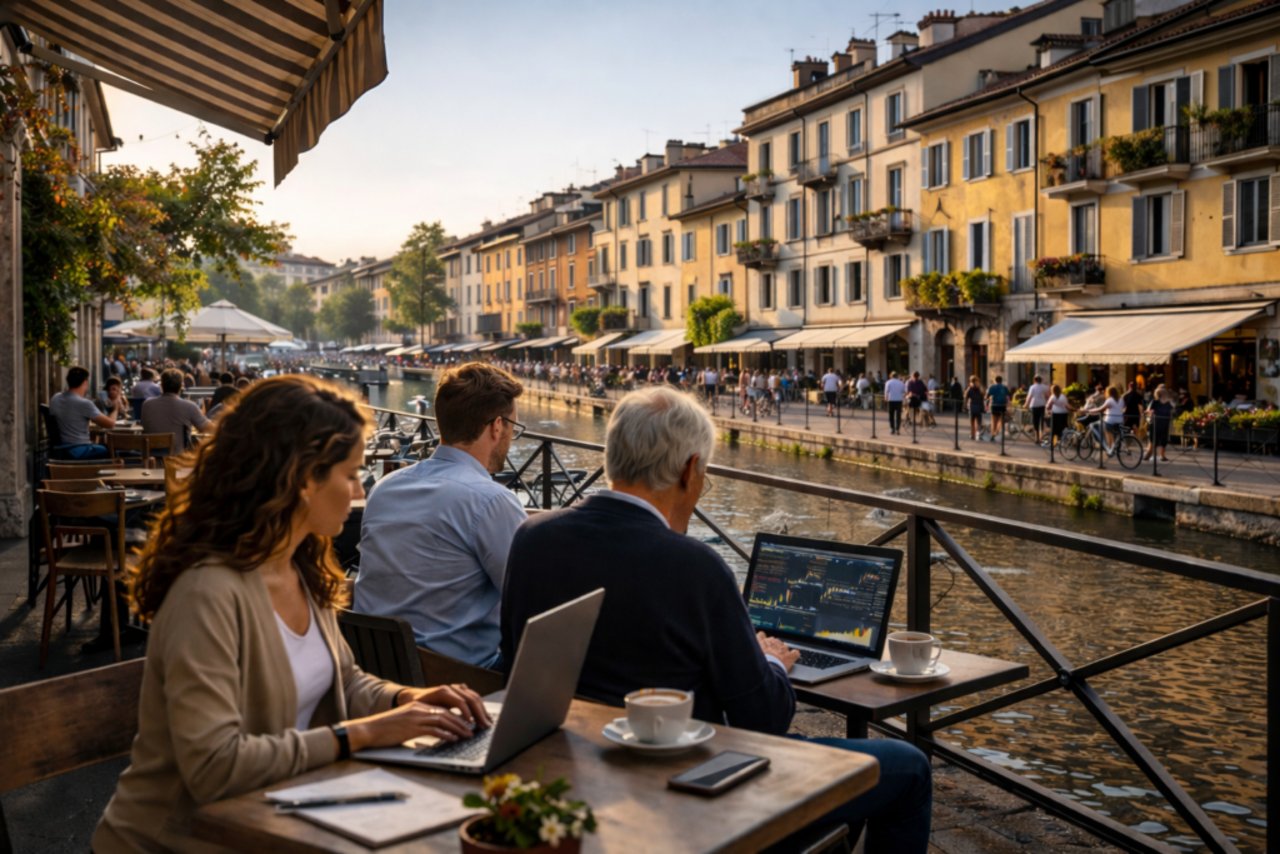 Gente che scrive al computer su tavoli di fronte al naviglio