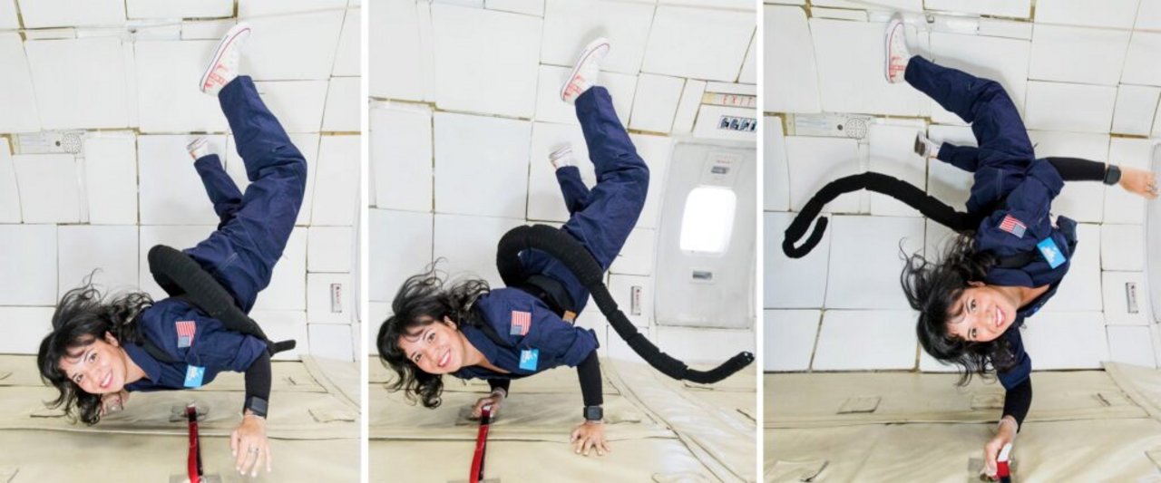 Valentina Sumini, qui sopra, con la “coda” (una struttura robotica morbida, attivata ad aria) ispirata ai cavallucci marini, che ha ideato e testato su un volo a zero gravità, allo scopo di supportare la mobilità e agilità degli astronauti in condizioni di microgravità (Photo by Steve Boxall for Space Exploration Initiative)