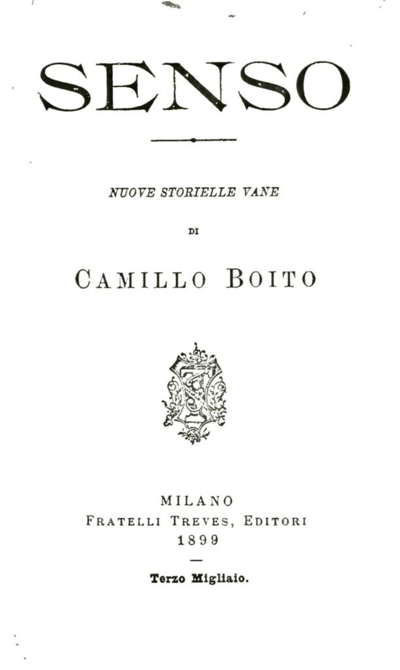 Frontespizio del libro 'Senso' di Camillo Boito, pubblicato dai Fratelli Treves nel 1899
