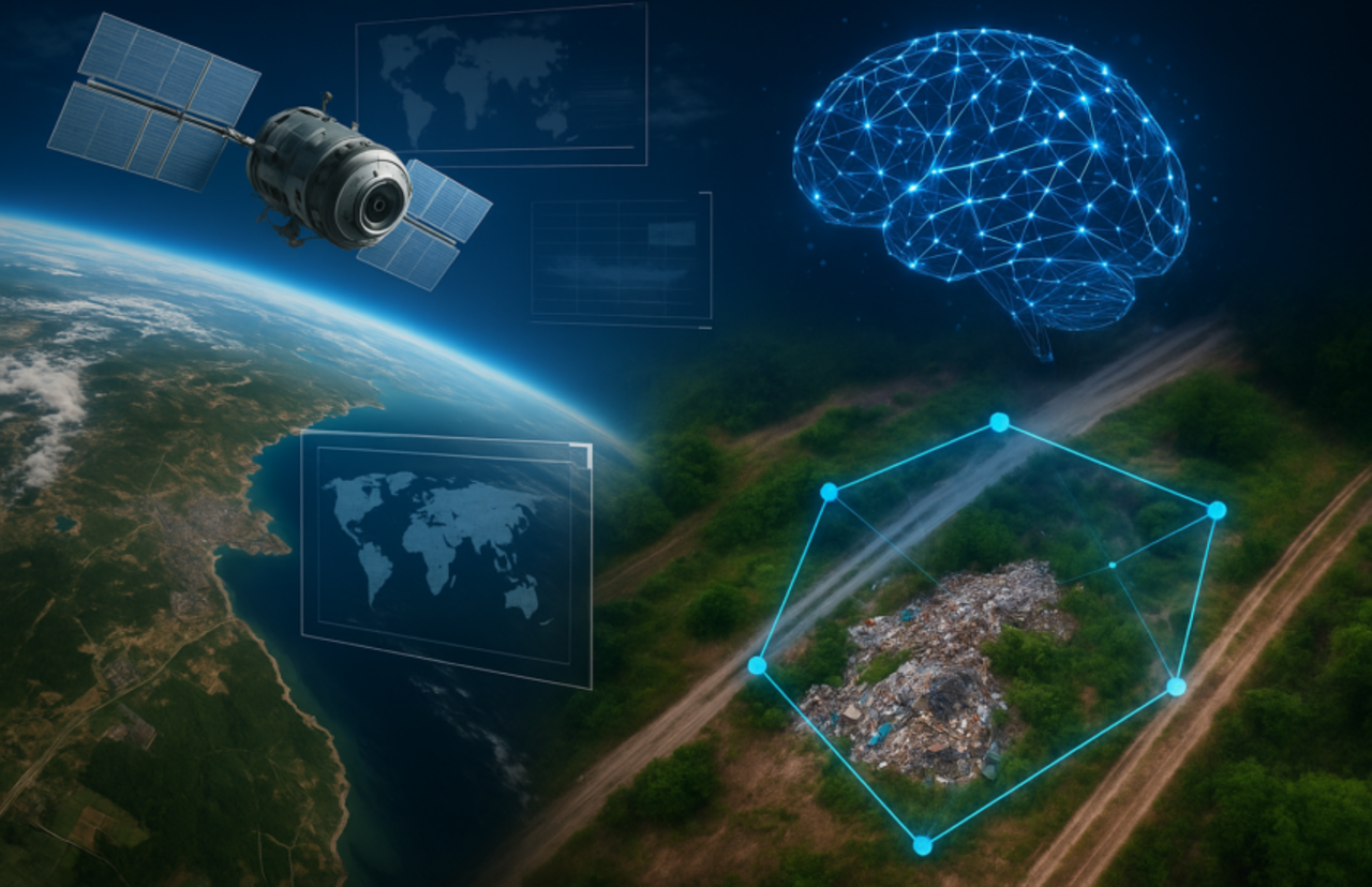 Vista della Terra dallo spazio con un satellite in orbita; a destra un cervello digitale luminoso e, sotto, un’area con rifiuti evidenziata da una rete tecnologica, a rappresentare l’uso dell’intelligenza artificiale