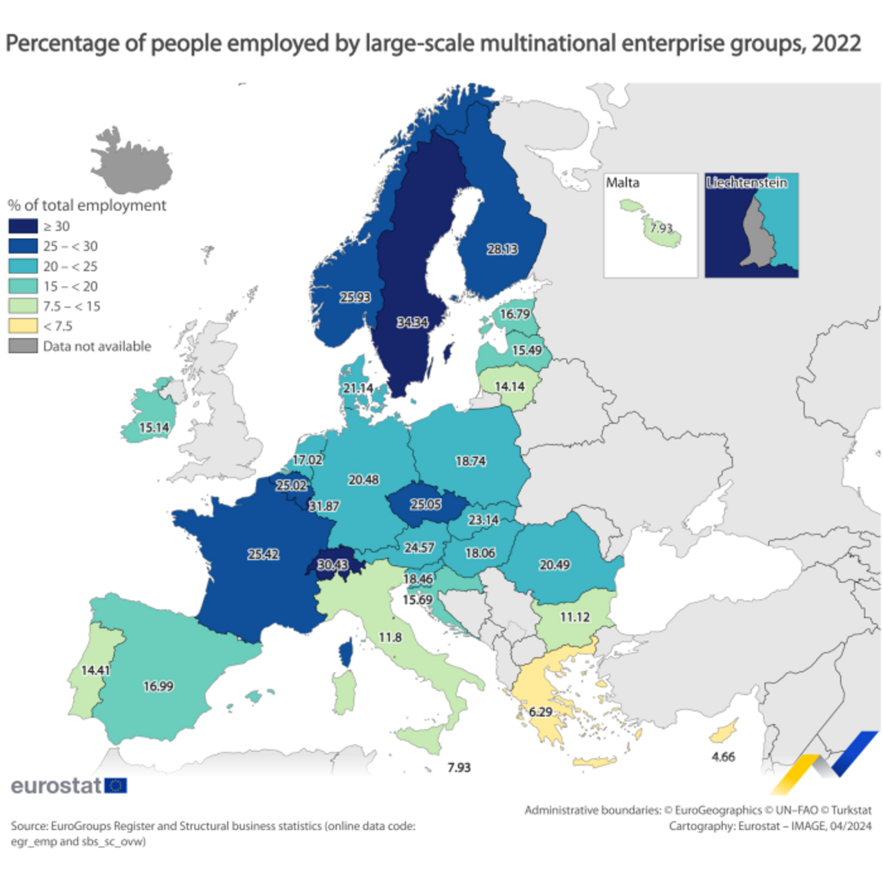 Mappa della percentuale di persone impiegate dalle multinazionali su larga scala