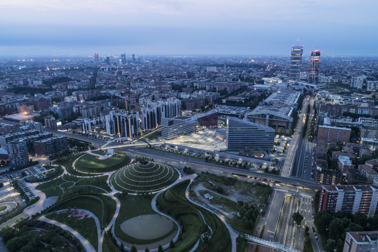 Aerial view of Milan at night.