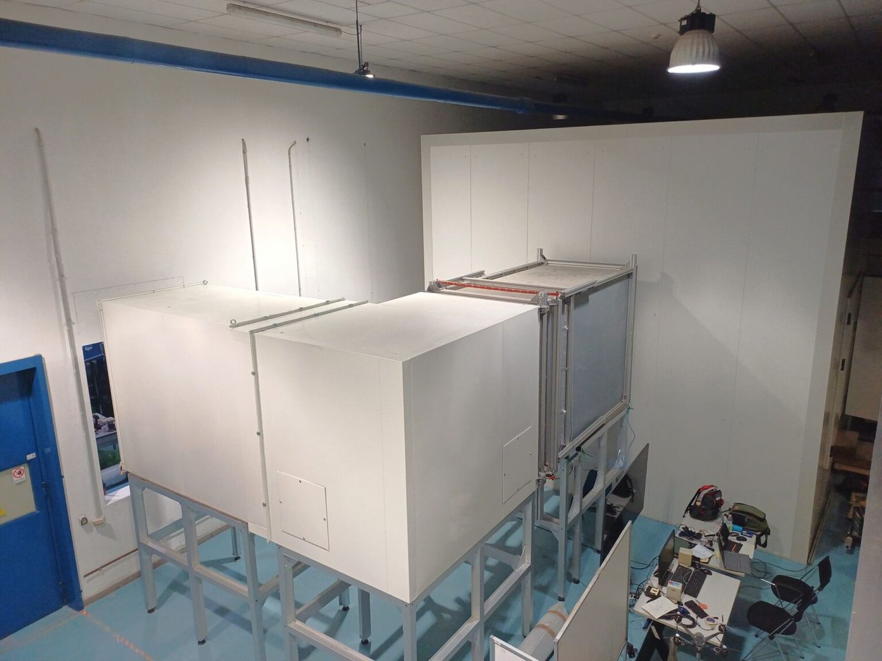 The Anechoic Wind Tunnel structure from the outside: you can see the duct bringing the air into the square chamber